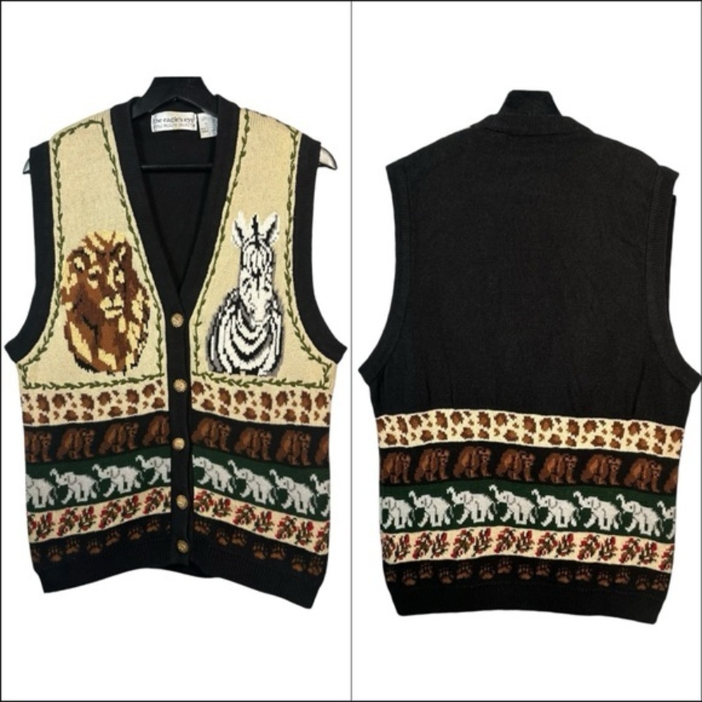 Vintage 90s Eagles Eye Safari Zebra Knit‎ Vest Size L Lion Animal Print African - Picture 15 of 15